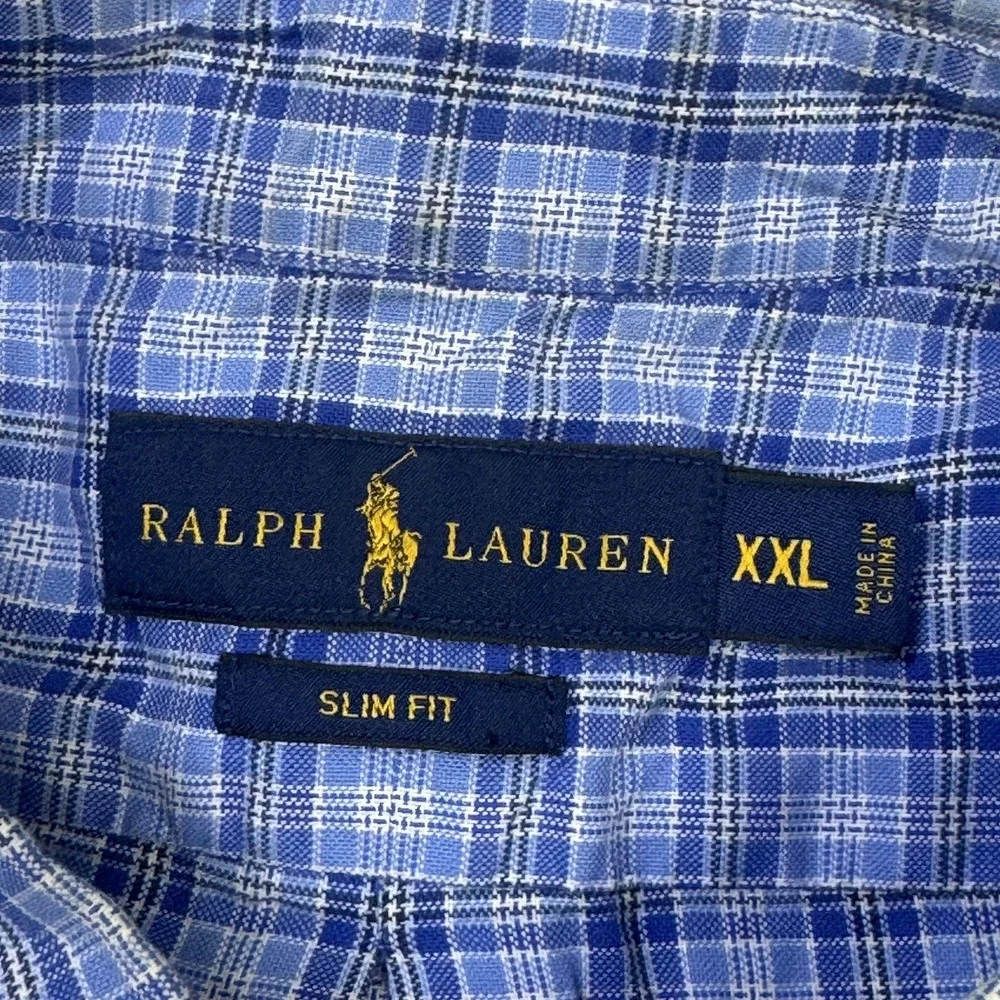 Ralph Lauren Slim Fit Button-Down Shirt Mens 2XL Blue Plaid Cotton Long Sleeve